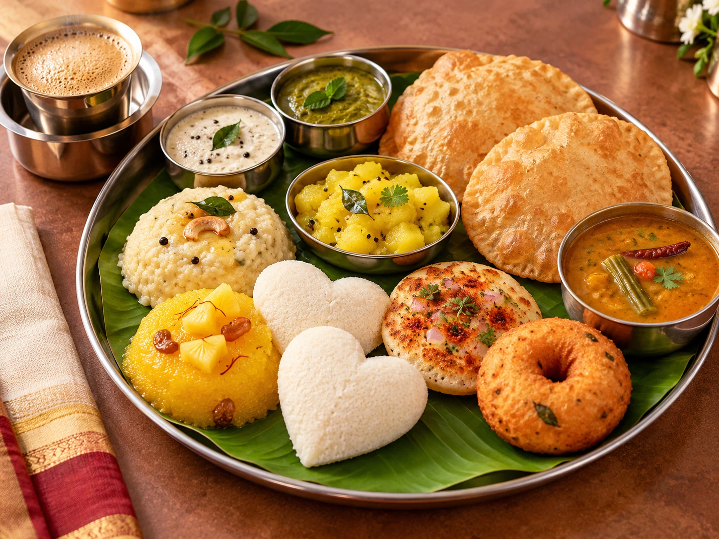 South Indian breakfast with idli, poori, pongal, vada and pineapple kesari