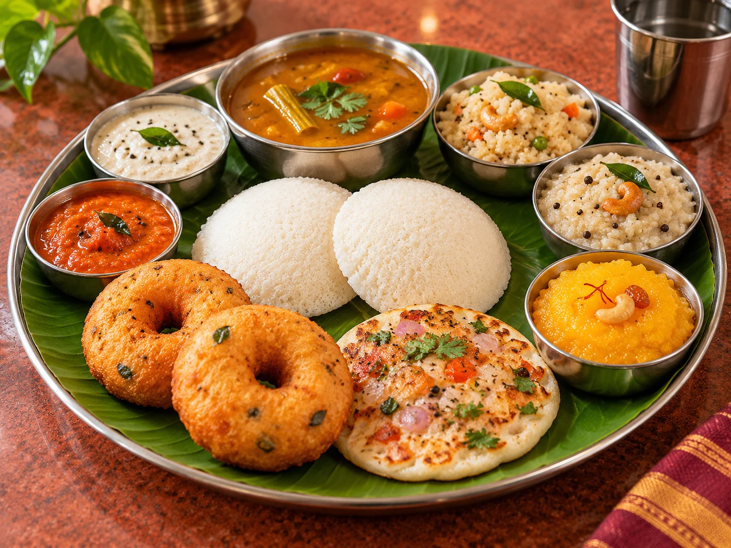 South Indian breakfast with idli, vada, uthappam, pongal and kesari
