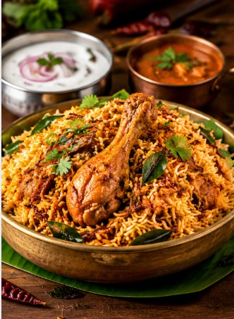 Chicken biriyani with a chicken leg, onion raita and curry