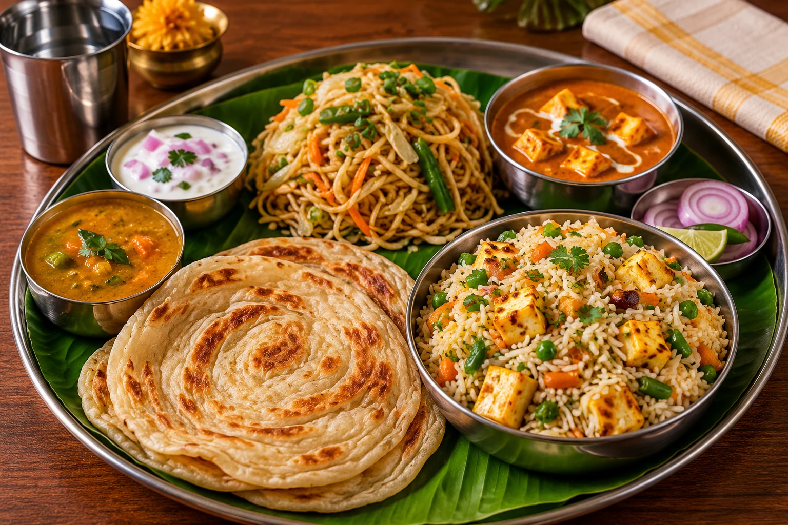 Vegetarian dinner with parotta, noodles, paneer rice and curries