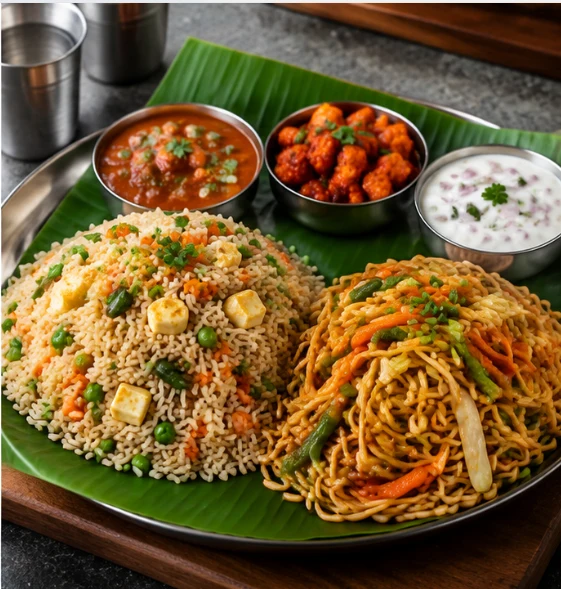 Vegetarian dinner with fried rice, noodles, curry and raita