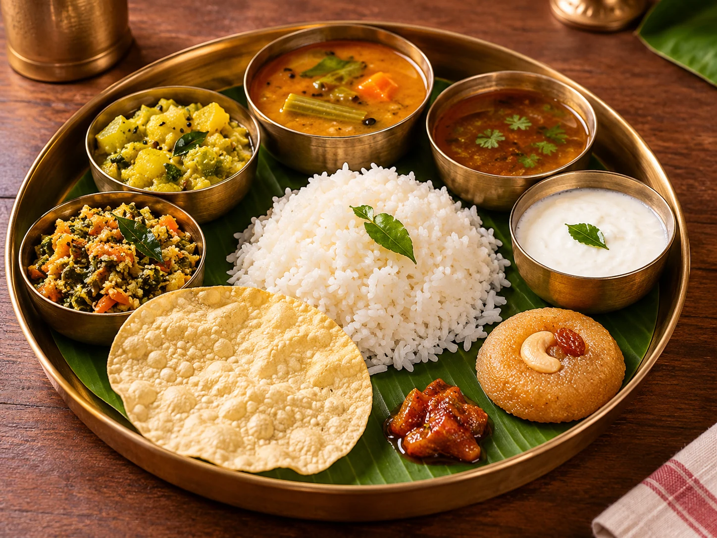 Traditional vegetarian lunch with rice, sambar, rasam, vegetables, curd and appalam