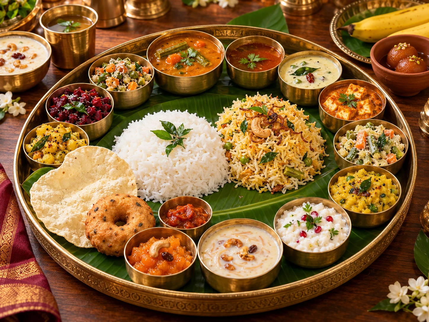 Elite vegetarian lunch with rice, biryani, curries, payasam and curd rice
