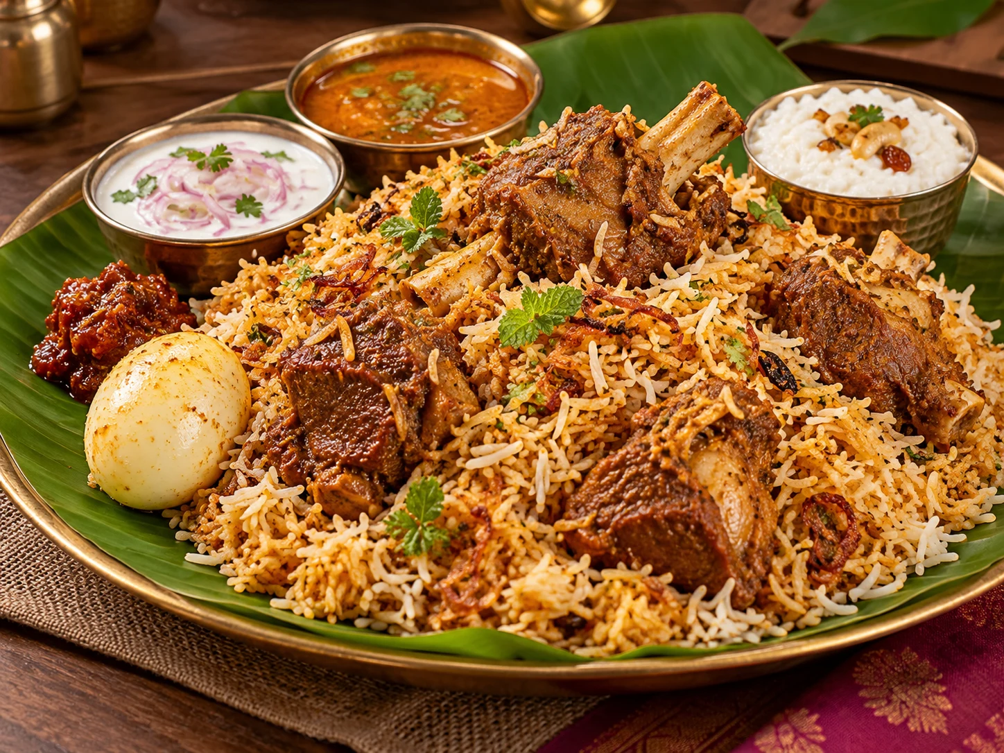Mutton biriyani with boiled egg, raita, gravy and curd rice